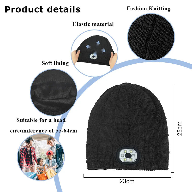 Beanie 3in1 Unisex Wireless Bluetooth Music Hat Outdoor Sports with Light