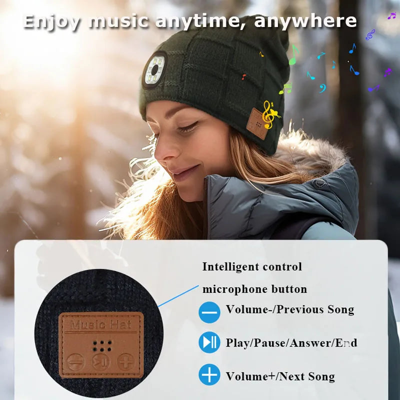 Beanie 3in1 Unisex Wireless Bluetooth Music Hat Outdoor Sports with Light